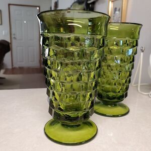 Whitehall Cube Avocado Green Iced Tea Footed Glasses 6"  Set of 2